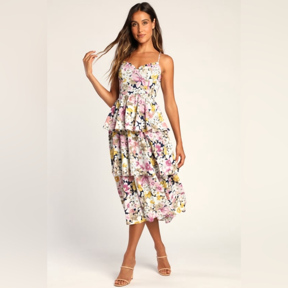 Lulu's Floral Print Tiered Riffle Midi Dress